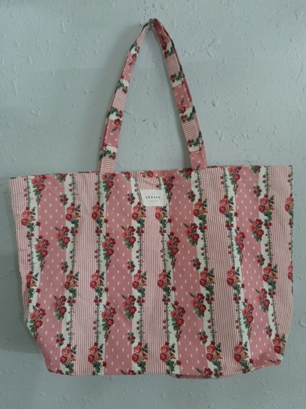 Sezane canvas floral roses stripes tote bag book bag cottagecore romantic